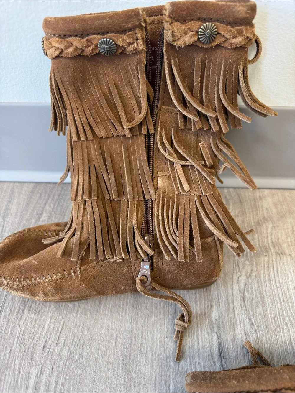 Minnetonka Brown Suede Triple Fringe Moccasin Boots with Braided Trim